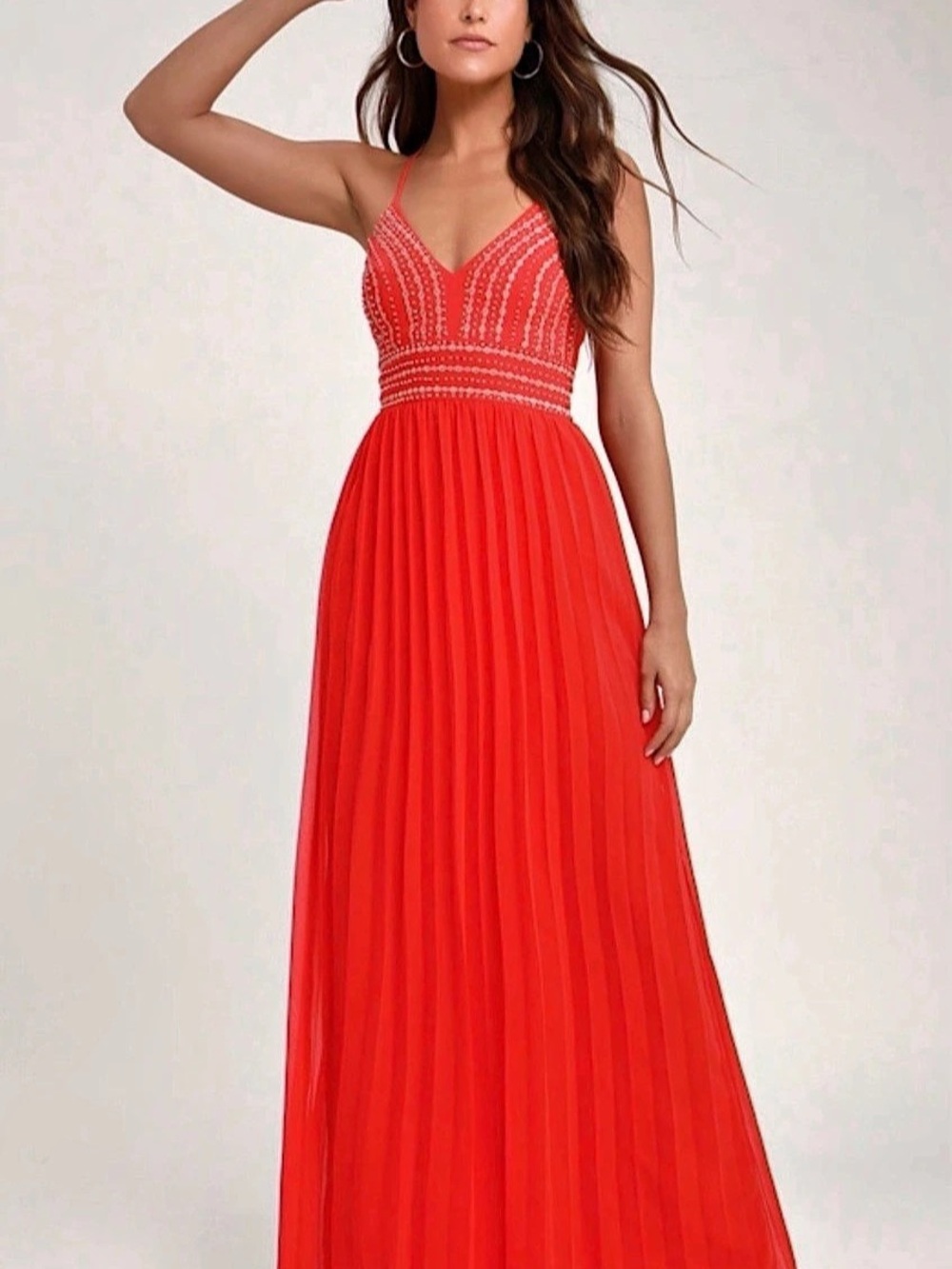 Lulu's Beaded Pleated Maxi Dress in Red Size Large Like New